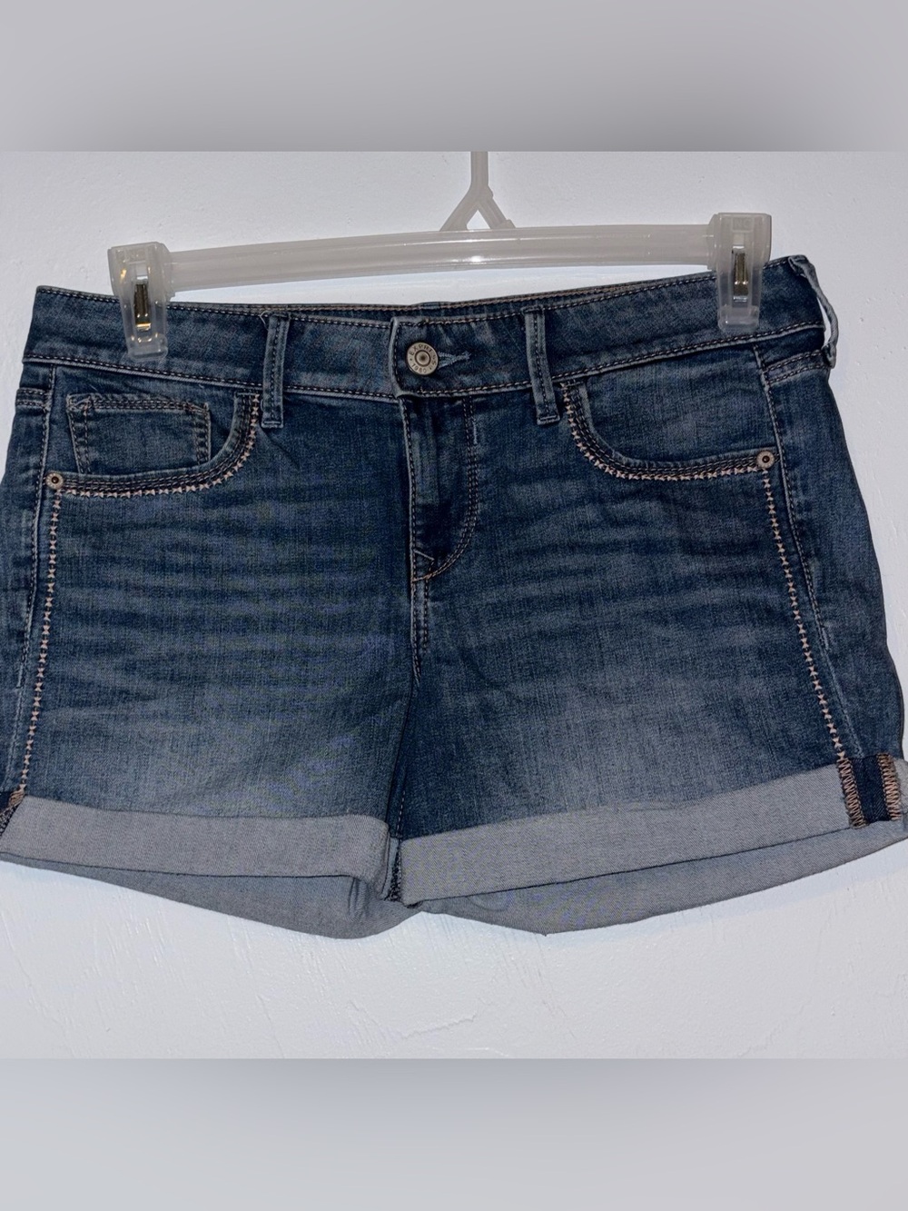 Express midi cuffed dark wash denim shorts